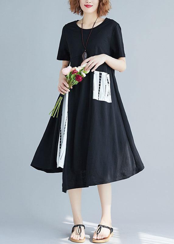 Modern patchwork white prints Cotton Tunics asymmetric hem short summer Dress - bagstylebliss