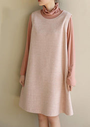 Modern pink cotton dresses false two pieces Robe high neck Dresses - bagstylebliss