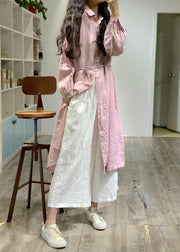 Modern pink lapel collar linen dresses long sleeve baggy fall Dress - bagstylebliss