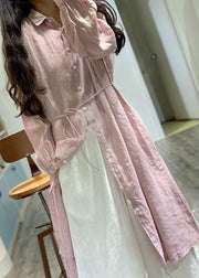 Modern pink lapel collar linen dresses long sleeve baggy fall Dress - bagstylebliss