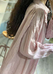 Modern pink lapel collar linen dresses long sleeve baggy fall Dress - bagstylebliss