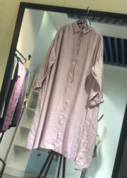 Modern pink lapel collar linen dresses long sleeve baggy fall Dress - bagstylebliss