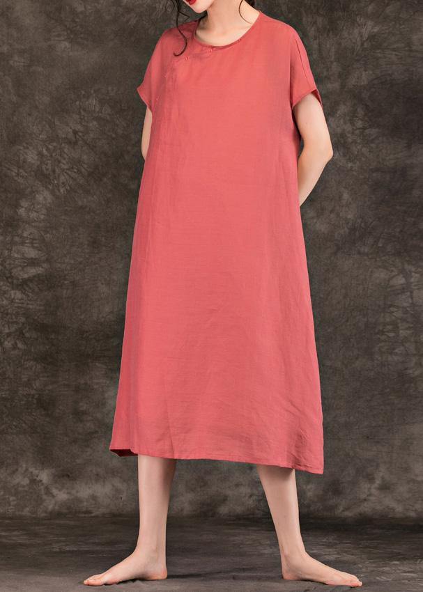 Modern pink linen Long Shirts o neck short sleeve Plus Size summer Dresses - bagstylebliss