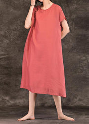 Modern pink linen Long Shirts o neck short sleeve Plus Size summer Dresses - bagstylebliss