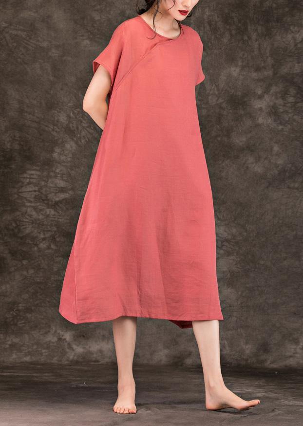 Modern pink linen Long Shirts o neck short sleeve Plus Size summer Dresses - bagstylebliss