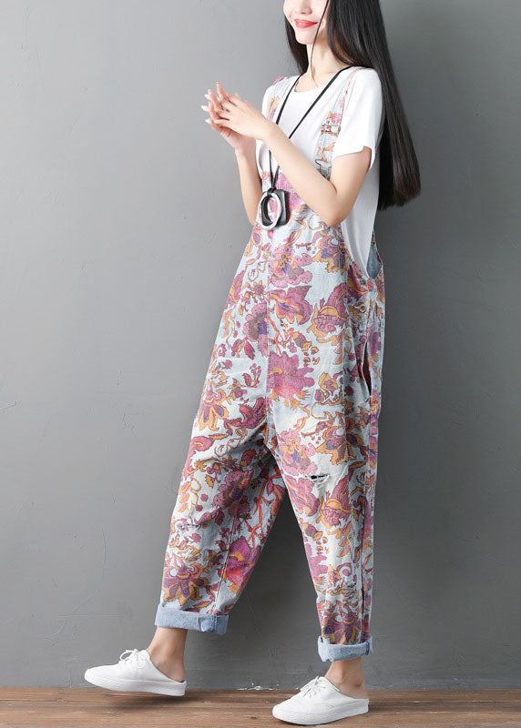 Modern pockets Print ripped denim Jumpsuit Spring