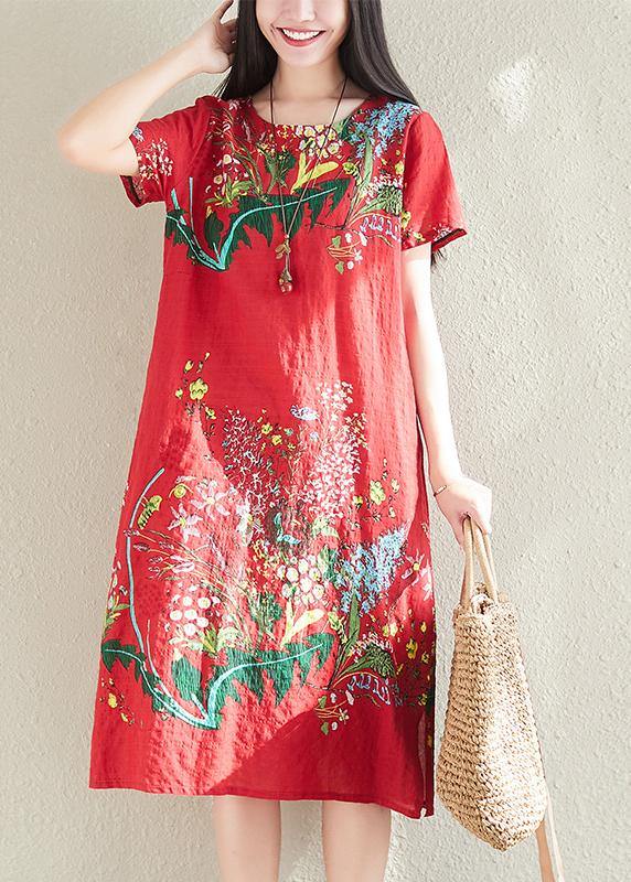 Modern print linen dresses Tunic Tops red Dress summer - bagstylebliss