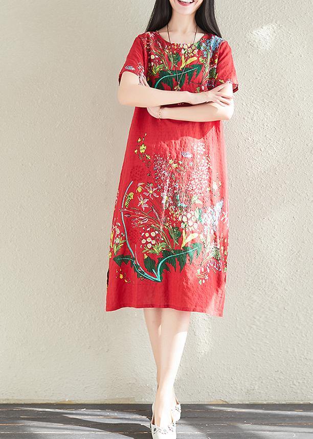 Modern print linen dresses Tunic Tops red Dress summer - bagstylebliss