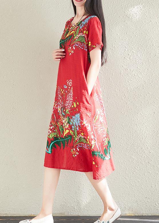 Modern print linen dresses Tunic Tops red Dress summer - bagstylebliss