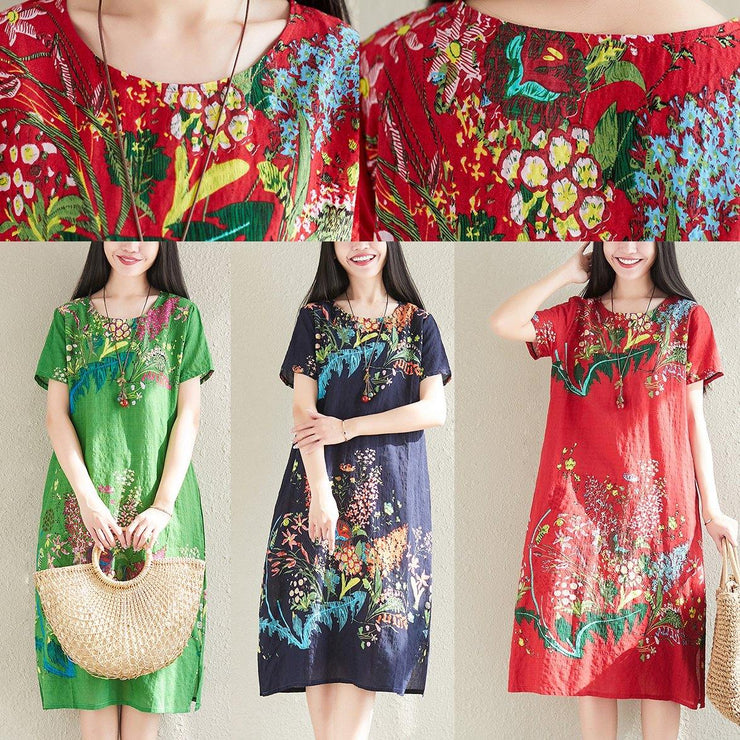 Modern print linen dresses Tunic Tops red Dress summer - bagstylebliss