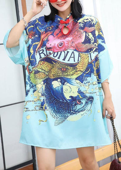 Modern prints Cotton clothes Sewing blue Chinese Button Dress summer - bagstylebliss