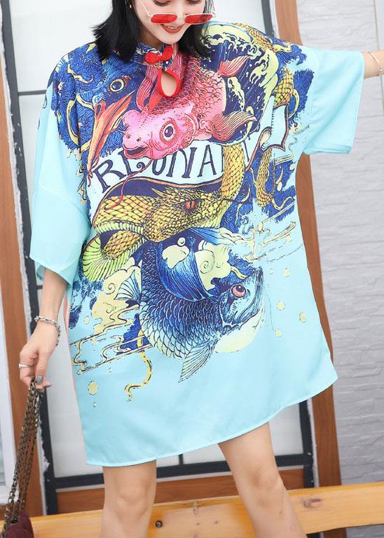 Modern prints Cotton clothes Sewing blue Chinese Button Dress summer - bagstylebliss