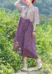 Modern purple patchwork Cotton clothes v neck Plus Size summer floral Dresses - bagstylebliss
