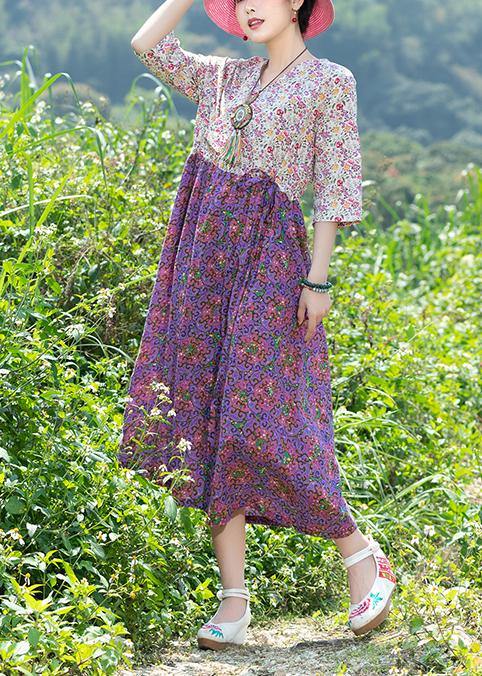 Modern purple patchwork Cotton clothes v neck Plus Size summer floral Dresses - bagstylebliss