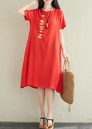 Modern red linen dress o neck embroidery Midi summer Dress - bagstylebliss