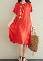 Modern red linen dress o neck embroidery Midi summer Dress - bagstylebliss