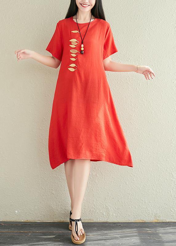 Modern red linen dress o neck embroidery Midi summer Dress - bagstylebliss