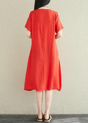 Modern red linen dress o neck embroidery Midi summer Dress - bagstylebliss