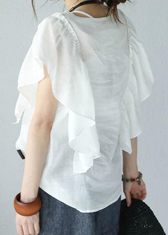 Modern ruffles sleeve linen Tunic Inspiration white top summer - bagstylebliss