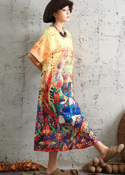 Modern short sleeve linen cotton Robes Fashion Ideas yellow prints Dresses summer - bagstylebliss