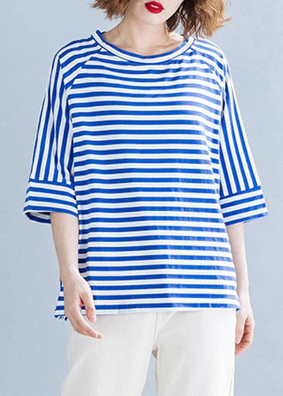 Modern side open cotton shirts Wardrobes blue striped blouses summer - bagstylebliss