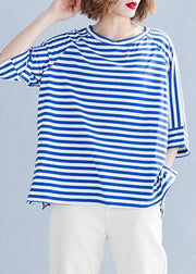 Modern side open cotton shirts Wardrobes blue striped blouses summer - bagstylebliss