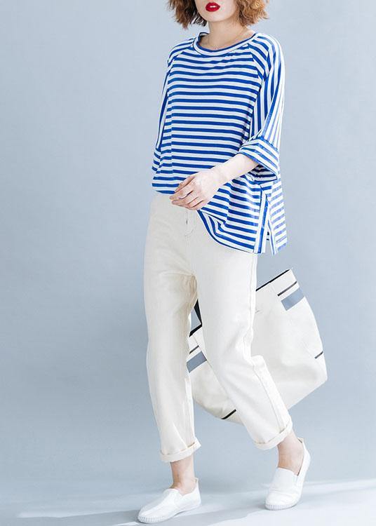 Modern side open cotton shirts Wardrobes blue striped blouses summer - bagstylebliss