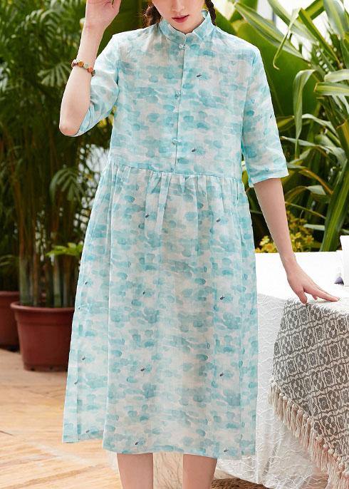 Modern stand collar patchwork linen clothes For Women Shape blue green print Dresses summer - bagstylebliss