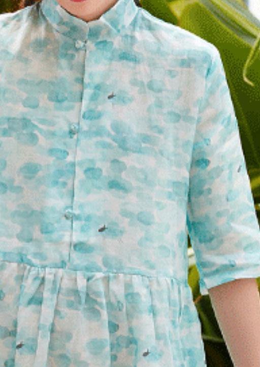 Modern stand collar patchwork linen clothes For Women Shape blue green print Dresses summer - bagstylebliss