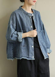 Modern stand collar pockets Plus Size Coats Women denim blue Knee jackets - bagstylebliss