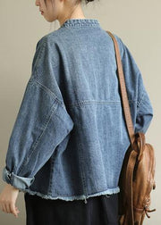 Modern stand collar pockets Plus Size Coats Women denim blue Knee jackets - bagstylebliss