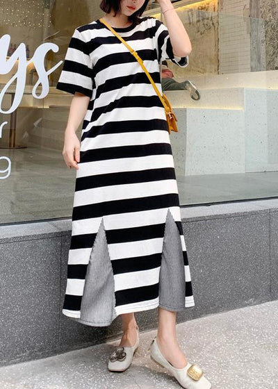 Modern striped cotton tunic pattern patchwork hem Robe summer Dresses - bagstylebliss