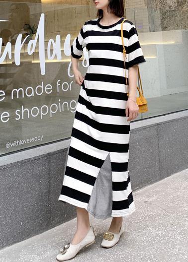 Modern striped cotton tunic pattern patchwork hem Robe summer Dresses - bagstylebliss