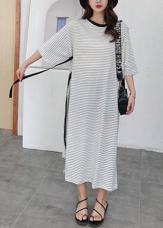 Modern striped cotton tunic pattern tie waist Robe summer Dress - bagstylebliss