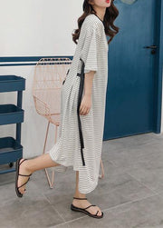 Modern striped cotton tunic pattern tie waist Robe summer Dress - bagstylebliss