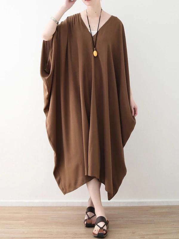 Modern v neck asymmetric clothes Women Runway chocolate loose Dress summer - bagstylebliss