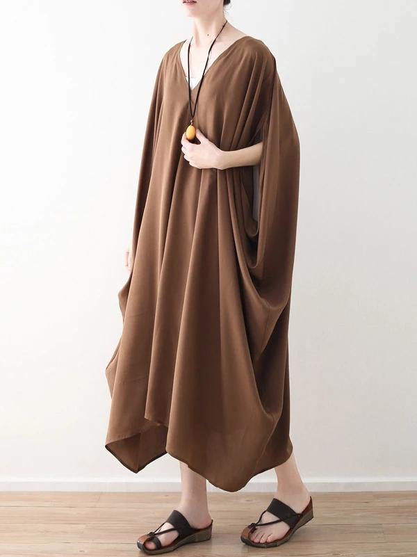 Modern v neck asymmetric clothes Women Runway chocolate loose Dress summer - bagstylebliss