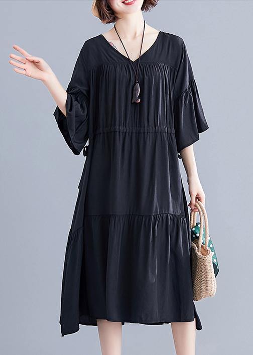 Modern v neck drawstring Cotton dresses Wardrobes black Dress summer - bagstylebliss