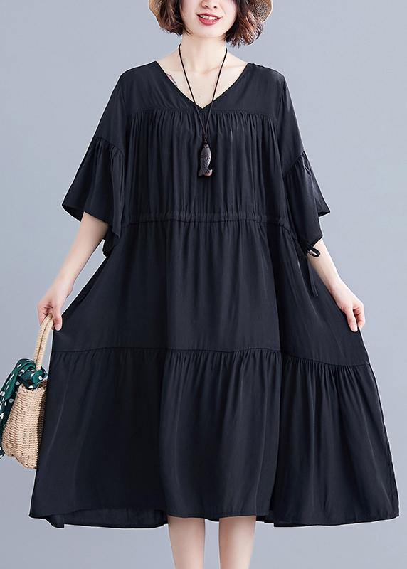 Modern v neck drawstring Cotton dresses Wardrobes black Dress summer - bagstylebliss