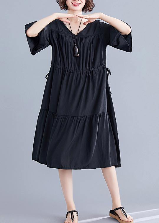 Modern v neck drawstring Cotton dresses Wardrobes black Dress summer - bagstylebliss