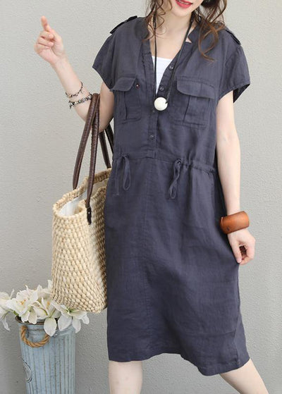 Modern v neck drawstring linen summer clothes Cotton navy Dresses - bagstylebliss