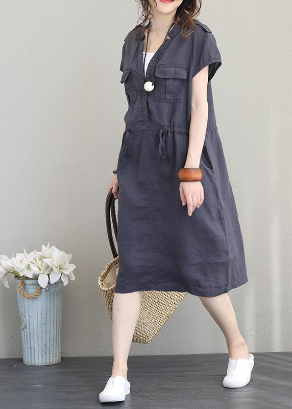 Modern v neck drawstring linen summer clothes Cotton navy Dresses - bagstylebliss