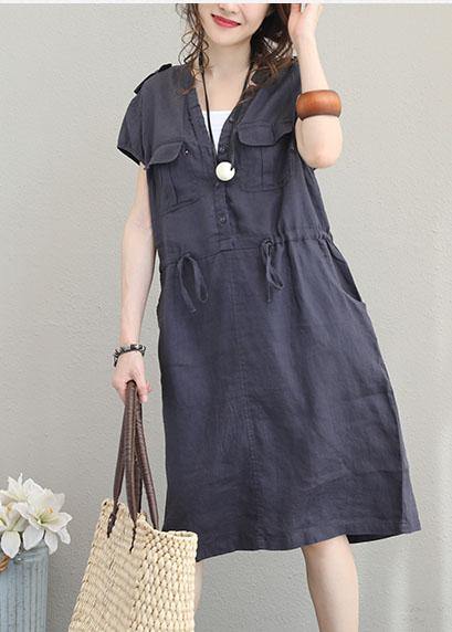 Modern v neck drawstring linen summer clothes Cotton navy Dresses - bagstylebliss