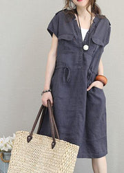 Modern v neck drawstring linen summer clothes Cotton navy Dresses - bagstylebliss