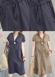 Modern v neck drawstring linen summer clothes Cotton navy Dresses - bagstylebliss