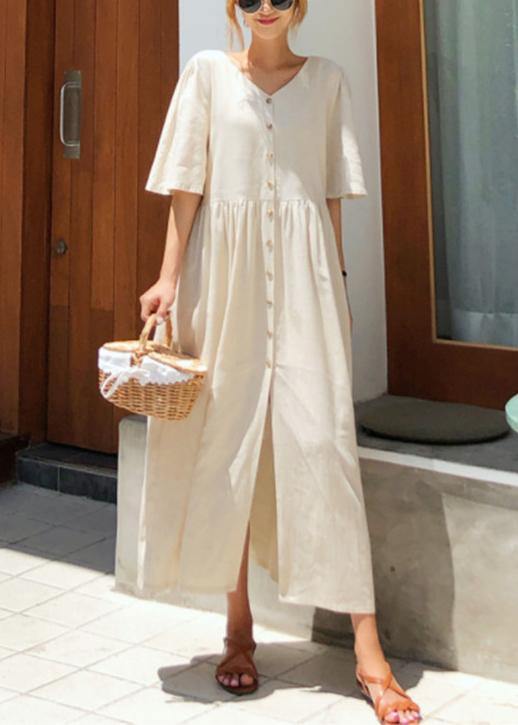 Modern v neck flare sleeve cotton linen summer dress Runway beige Dresses - bagstylebliss