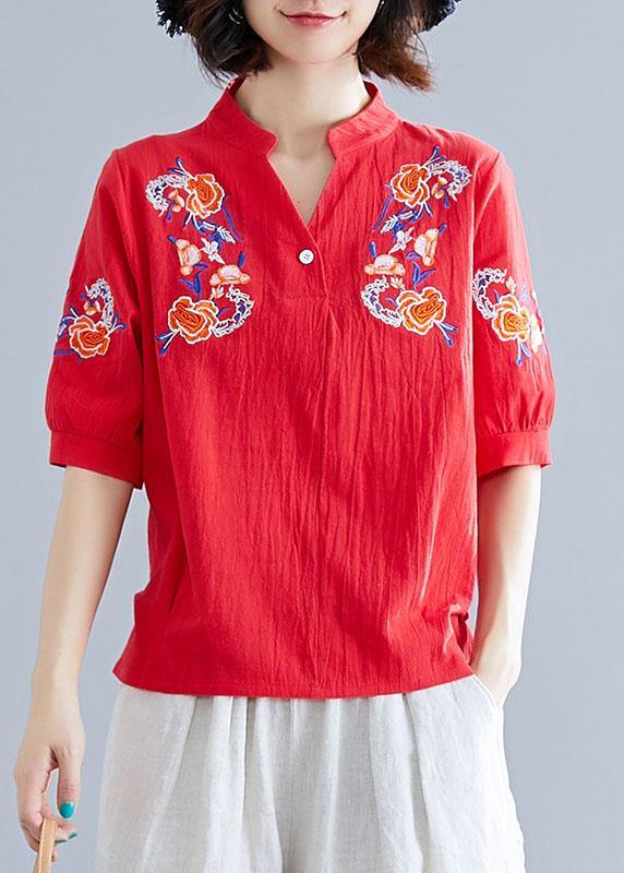 Modern v neck linen cotton crane tops red embroidery silhouette shirts summer - bagstylebliss