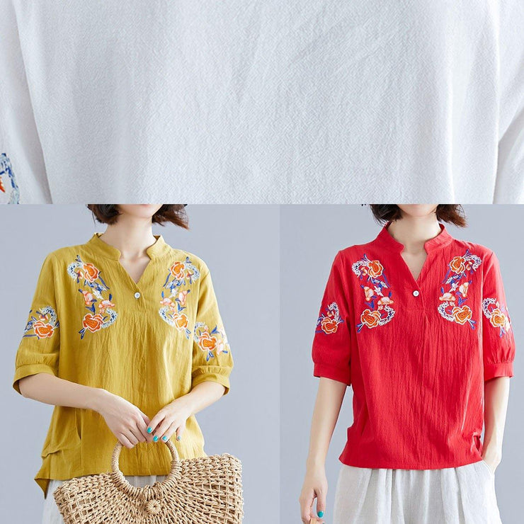 Modern v neck linen cotton crane tops red embroidery silhouette shirts summer - bagstylebliss
