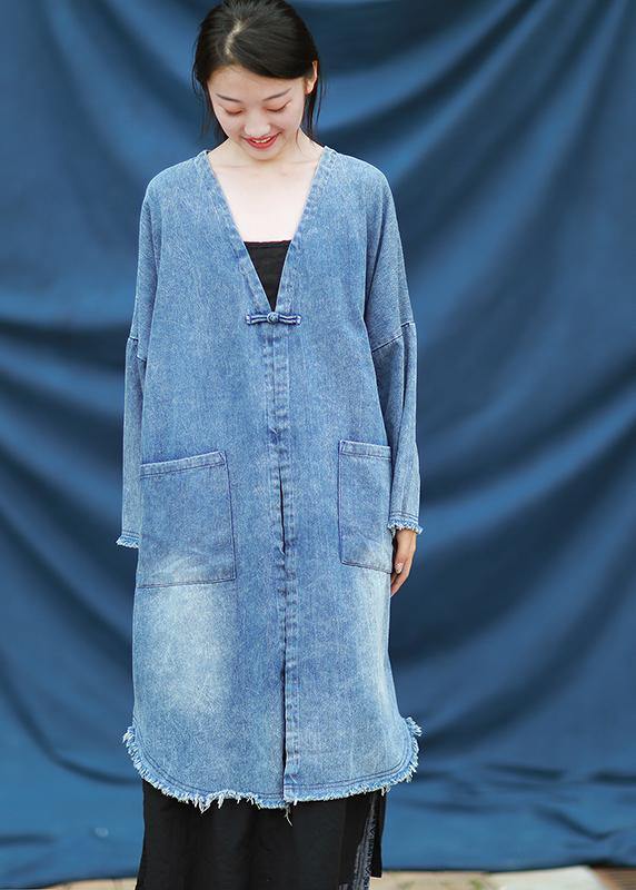 Modern v neck quilting dresses denim blue embroidery Dress - bagstylebliss