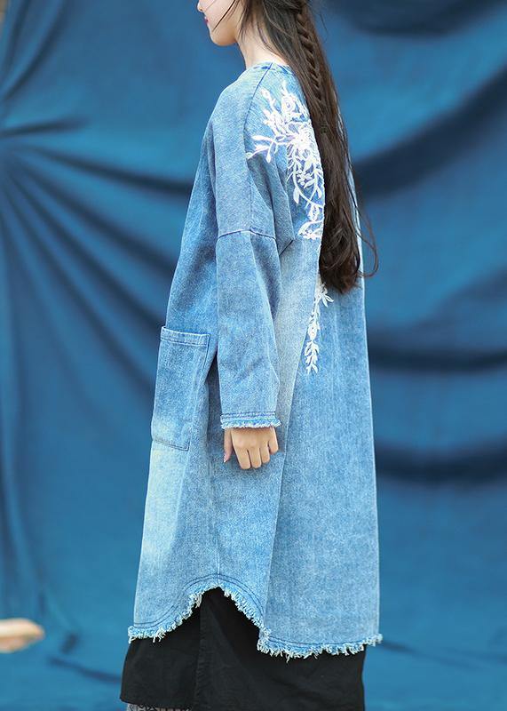 Modern v neck quilting dresses denim blue embroidery Dress - bagstylebliss